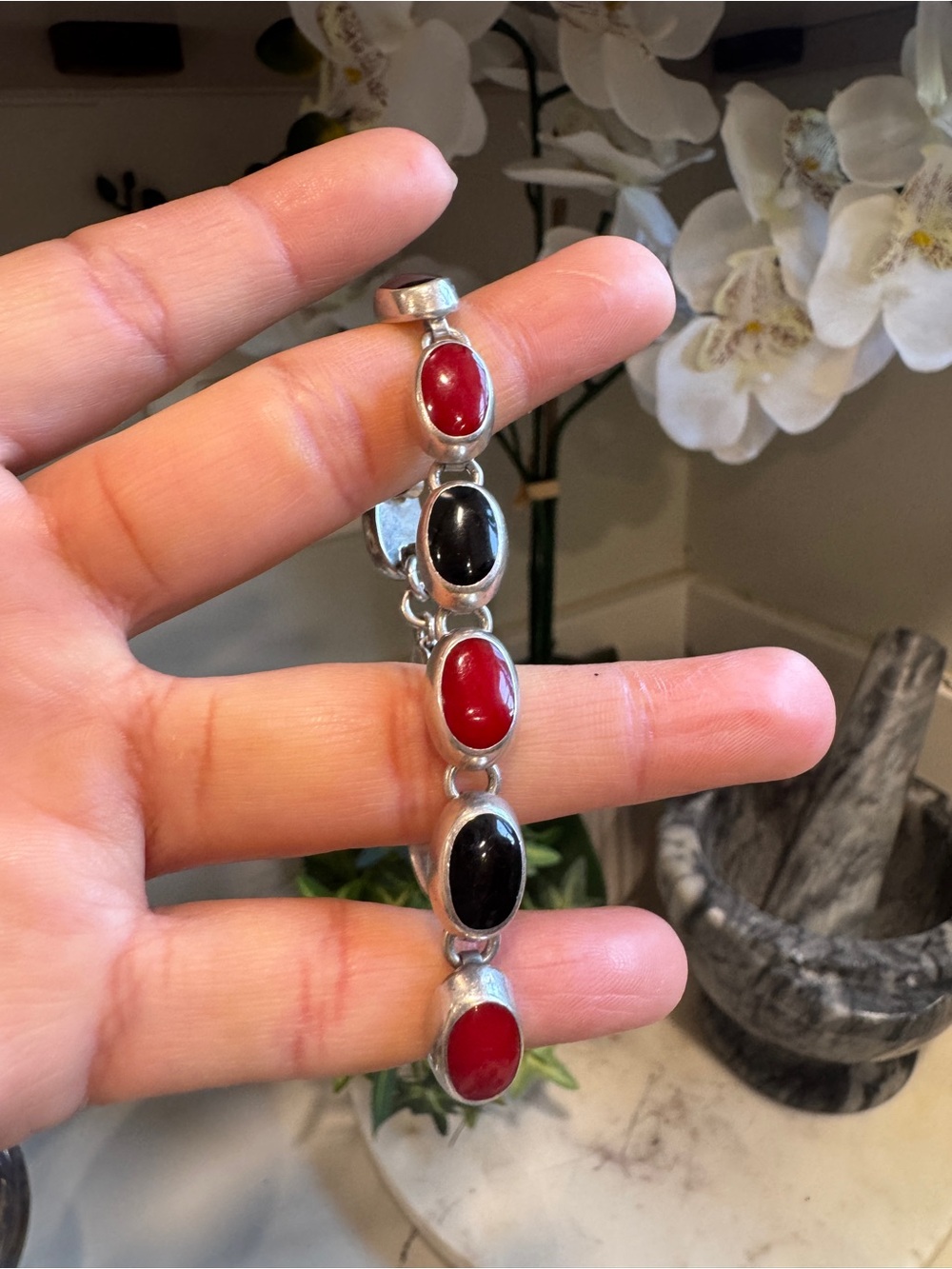 925 Sterling Silver Red and Black Stone Link Bracelet